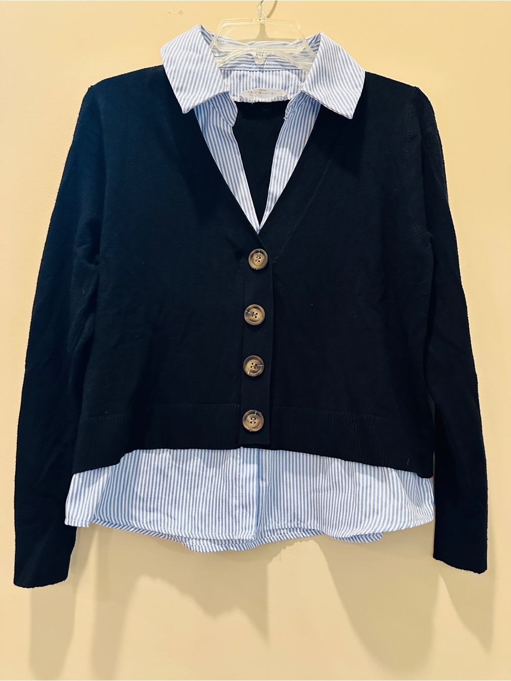 Sioni Milano Women's Mock 2-Piece Collared Layered Cardigan Black/Blue Striped M - Picture 3 of 7